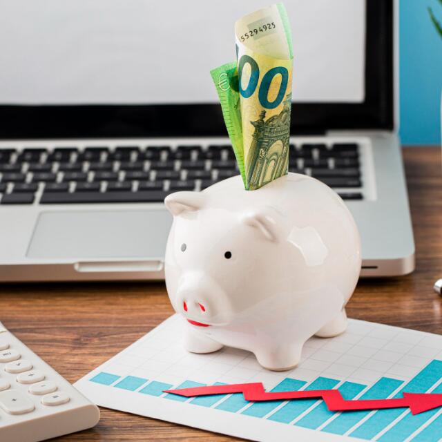 Ein weißes Sparschwein mit 100-Euro-Scheinen steht auf einem Schreibtisch vor einem Laptop. Daneben liegen ein Taschenrechner, ein Diagramm mit rotem Pfeil und eine Pflanze – Symbol für finanzielle Planung und Budgetoptimierung.