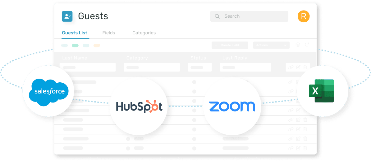UI-Grafik „Guests“-Liste mit Integrationen: Logos von Salesforce, HubSpot, Zoom und Microsoft Excel, verbunden durch Punktlinien.