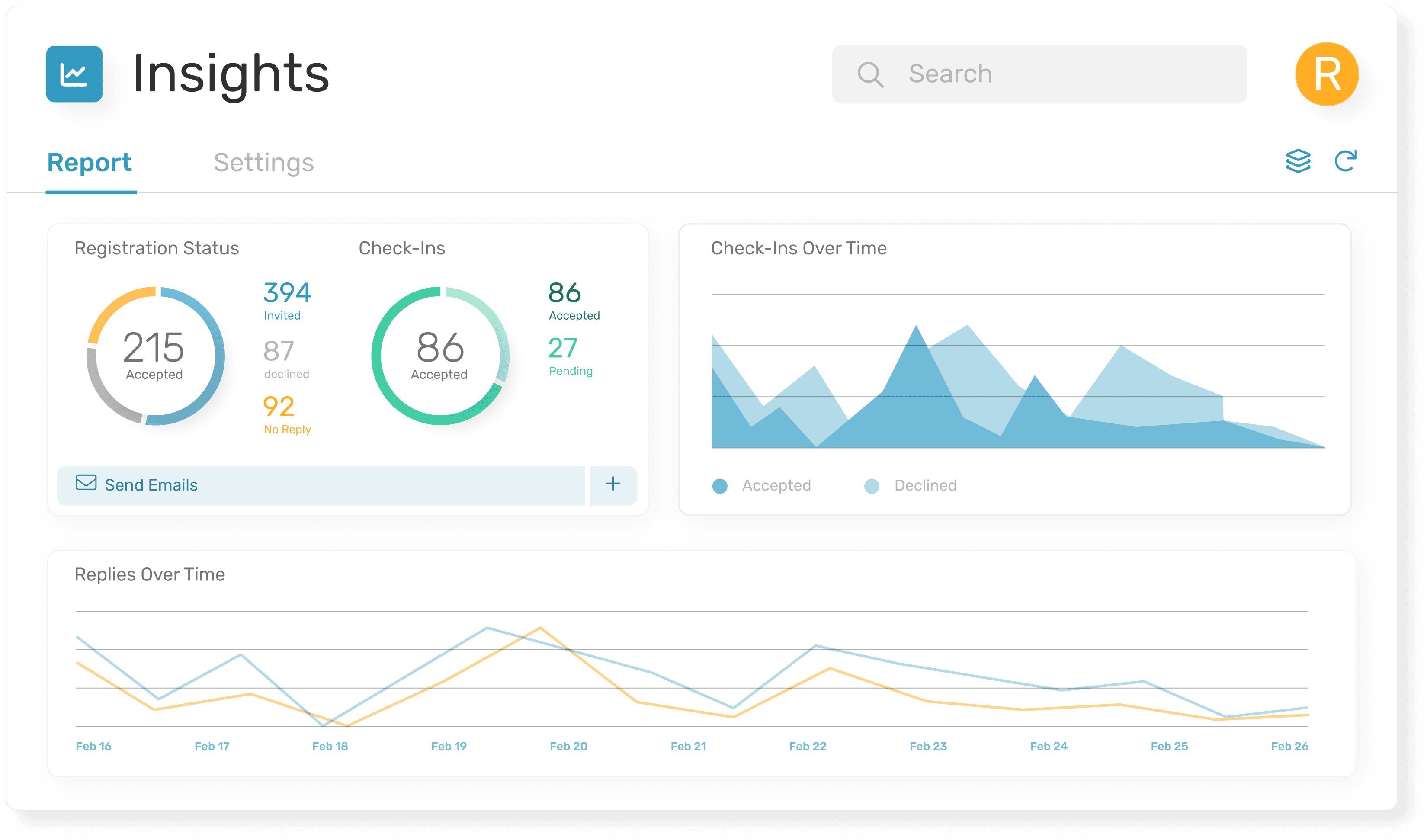 Screenshot eines „Insights“-Dashboards mit Reitern Report/Settings; Donut-Diagramme zu Registrierungsstatus und Check-ins, Flächendiagramm „Check-Ins Over Time“, Liniendiagramm „Replies Over Time“, Suchleiste und Schaltfläche „E-Mails senden“.