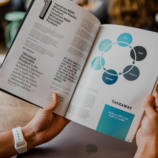 Jemand hält ein geöffnetes Magazin zu Produktentwicklung; links Text zu „Minimum Desirable Product“, rechts ein Kreislaufdiagramm (Learn–Ideas–Build–Product–Measure). Auf einem Holztisch mit MacBook und 80/20-Tasse im Hintergrund.