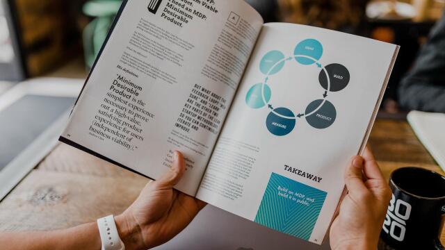 Jemand hält ein geöffnetes Magazin zu Produktentwicklung; links Text zu „Minimum Desirable Product“, rechts ein Kreislaufdiagramm (Learn–Ideas–Build–Product–Measure). Auf einem Holztisch mit MacBook und 80/20-Tasse im Hintergrund.