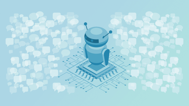 Illustration of a chatbot robot on a microchip, surrounded by speech bubbles—symbolizing AI-powered conversations.