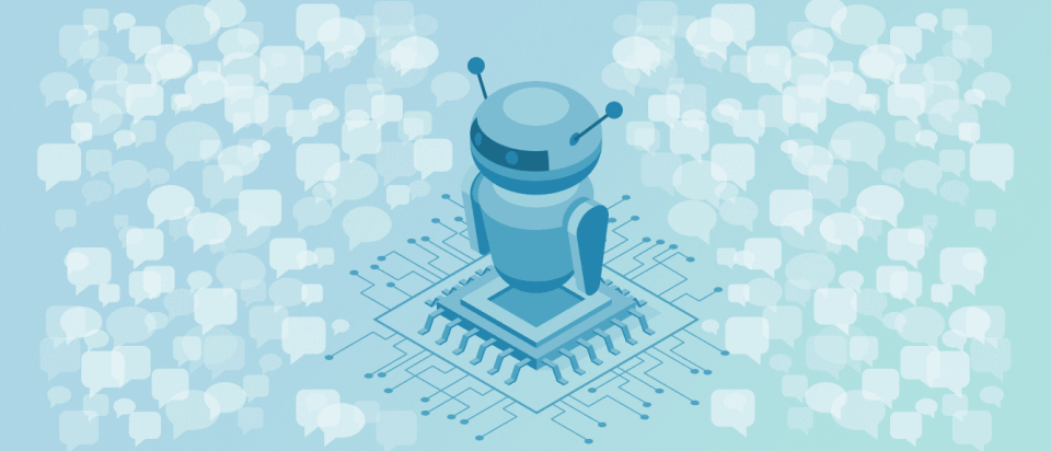 Illustration of a chatbot robot on a microchip, surrounded by speech bubbles—symbolizing AI-powered conversations.
