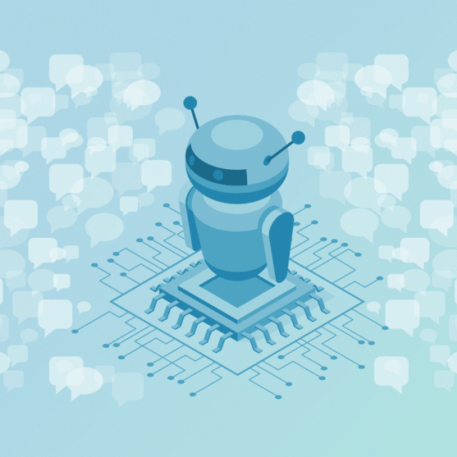 Illustration of a chatbot robot on a microchip, surrounded by speech bubbles—symbolizing AI-powered conversations.