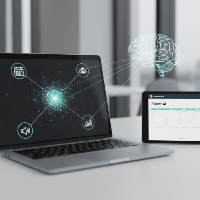 A laptop and tablet with a glowing brain floating above, connected by lines representing artificial intelligence.