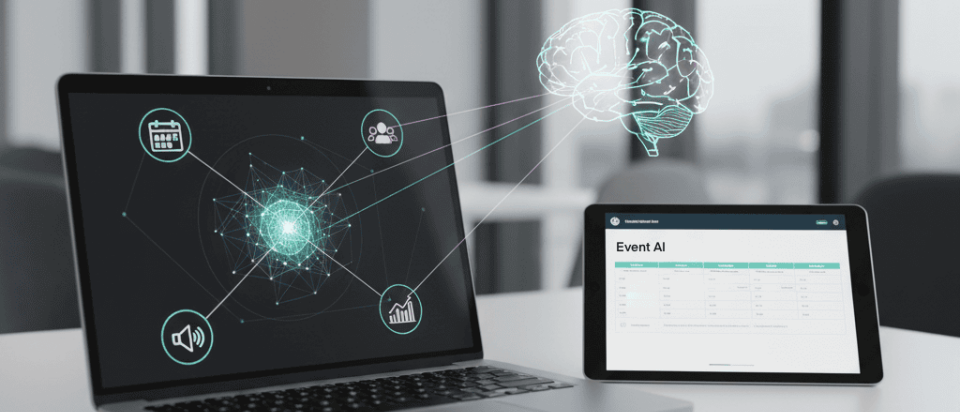 A laptop and tablet with a glowing brain floating above, connected by lines representing artificial intelligence.