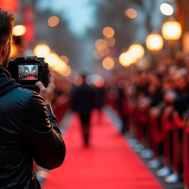 Rückansicht eines Fotografen, der mit seiner Kamera ein Event auf einem roten Teppich festhält, der von einer Menschenmenge gesäumt ist.