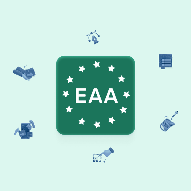 EAA-Logo in der Mitte, umgeben von Symbolen für Barrierefreiheit und Design wie Cursor, Farbtropfer, Bilder-Icons und Formulare – auf grünem Hintergrund. Symbolisiert zentrale Aspekte des EAA im digitalen Kontext.
