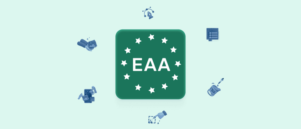EAA-Logo in der Mitte, umgeben von Symbolen für Barrierefreiheit und Design wie Cursor, Farbtropfer, Bilder-Icons und Formulare – auf grünem Hintergrund. Symbolisiert zentrale Aspekte des EAA im digitalen Kontext.