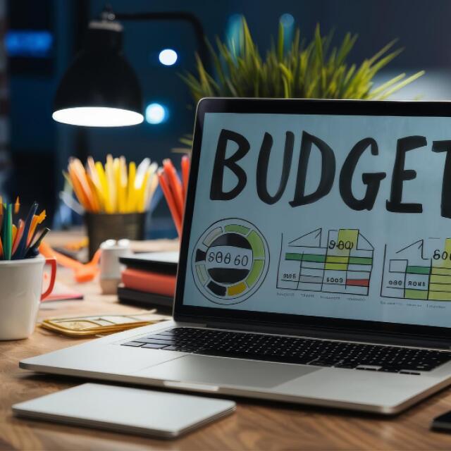 Ein Laptop steht auf einem Holzschreibtisch. Auf dem Bildschirm sind das Wort “BUDGET” und verschiedene Finanzdiagramme zu sehen. Die Szene wird von Schreibtischlampen beleuchtet und symbolisiert die fokussierte Finanz- und Event-Budgetplanung.