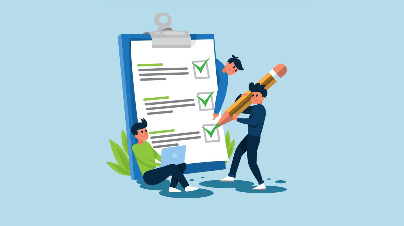 Illustration einer großen Checkliste, auf der zwei Personen – eine mit Laptop, eine mit übergroßem Stift – Barrierefreiheits-To-dos für Events abhaken.