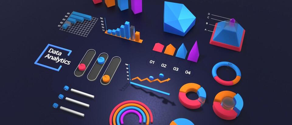 A colorful 3D representation of various chart types and visualizations on a dark background, related to data analytics. It includes bar charts, pie charts, line graphs, donut charts, a labeled pyramid model (A–D), sliders showing percentages (15%, 60%, 35%), and the text “Data Analytics.” Dominant colors are blue, orange, pink, and purple.