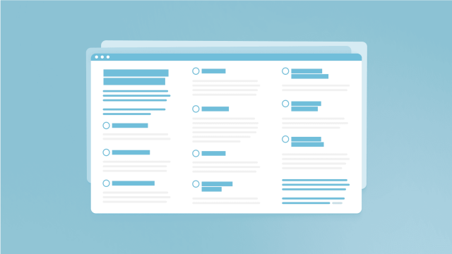 Illustration of a three-column web list view with titles and text lines.