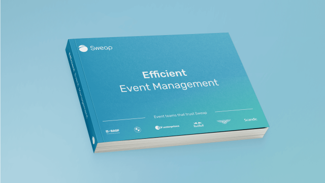 3D book mockup “Efficient Event Management” (Sweap) on a blue background with customer logo strip at the bottom.