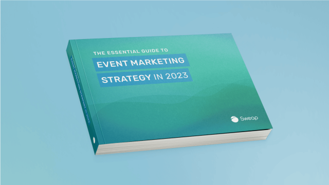 3D book mockup “Event Marketing Strategy in 2023” by Sweap with a teal cover on a light blue background.