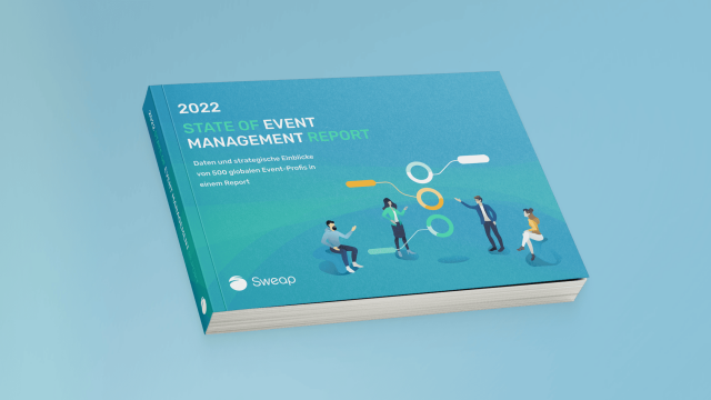 3D-Buchmockup „2022 State of Event Management Report“ von Sweap mit Illustration von vier Personen und Dialog-/Datenblasen auf türkisblauem Cover.