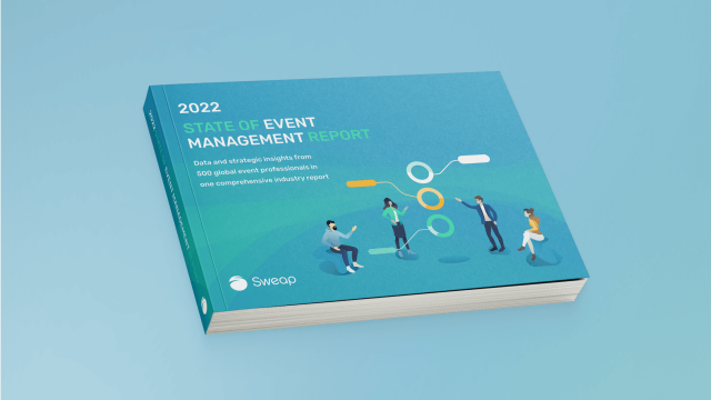 3D book mockup “2022 State of Event Management Report” by Sweap with an illustration of four people and dialog/data bubbles on a teal-blue cover.