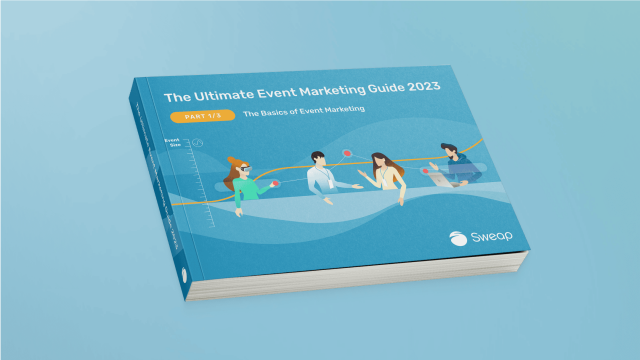 3D book mockup “The Ultimate Event Marketing Guide 2023 – Part 1/3: The Basics of Event Marketing,” featuring four people and a chart line on a blue cover (Sweap logo).