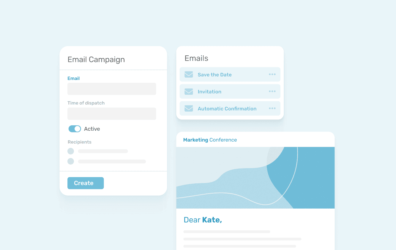 UI illustration of event software: “Create email campaign” form, list with “Save-the-Date,” “Reminder,” “Automatic Confirmation,” and an email preview (“Dear Ms. Anders”).