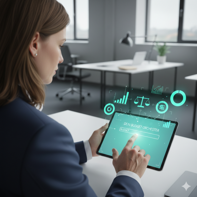 Event manager balancing budget elements on a tablet with glowing turquoise holograms.