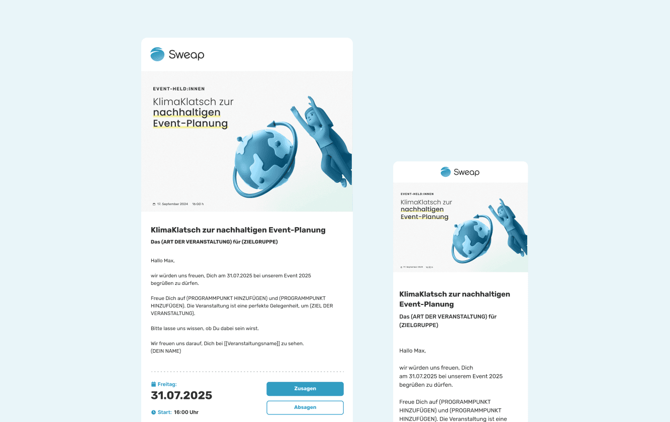 Mockup einer Event-Einladung von Sweap: „KlimaKlatsch zur nachhaltigen Event-Planung“ mit Illustration von Erde und Person, Datum 31.07.2025, 16:00 Uhr, Buttons „Zusagen“ und „Absagen“, gezeigt in Desktop- und Mobile-Ansicht.
