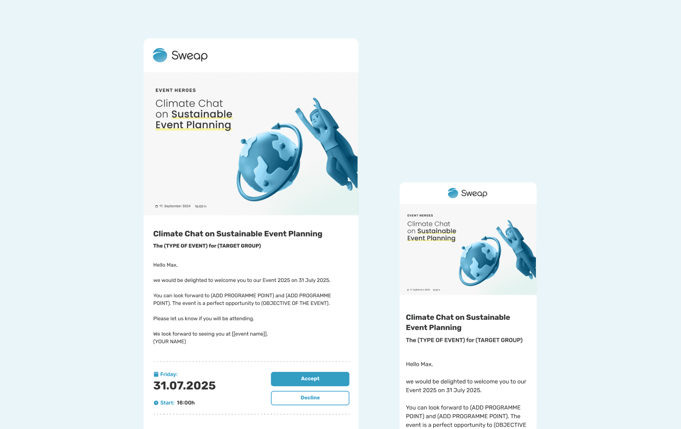 Mockup of a Sweap event invitation: “KlimaKlatsch on sustainable event planning” with an illustration of Earth and a person, date 31 Jul 2025, 4:00 PM, “Accept” and “Decline” buttons, shown in desktop and mobile views.