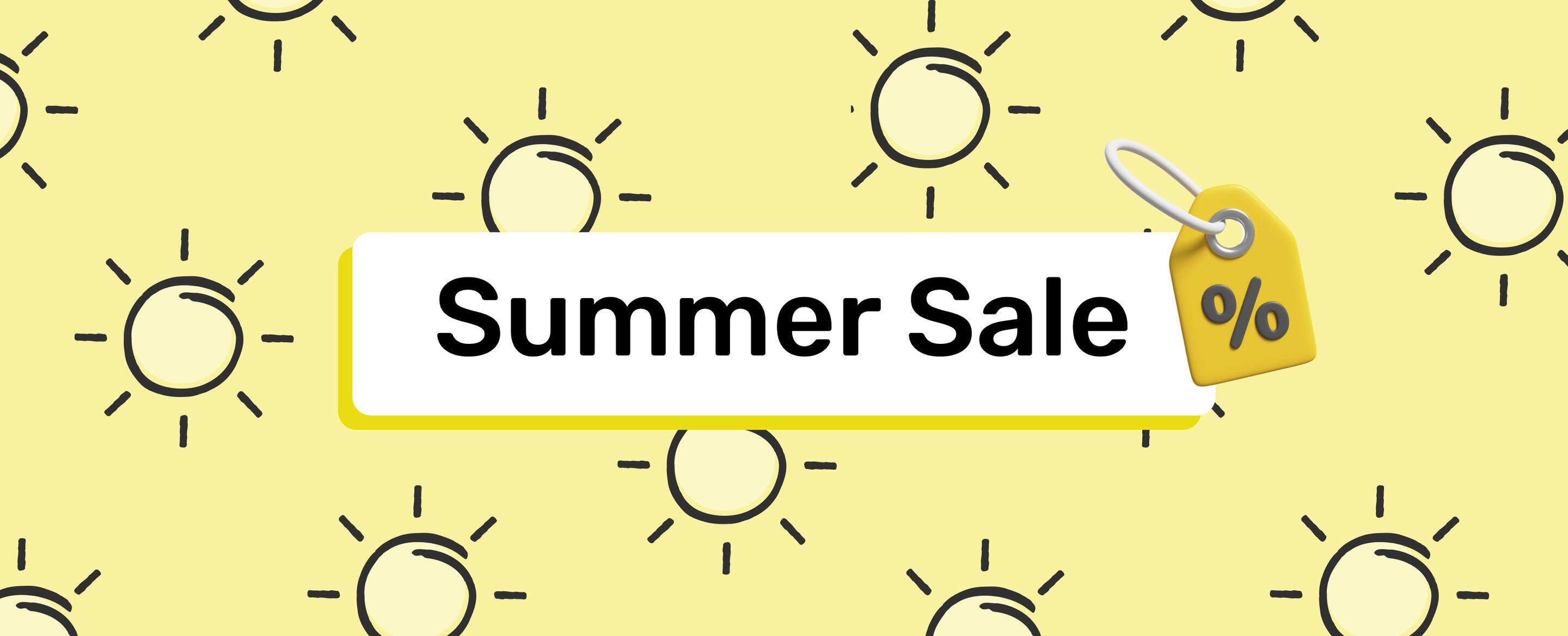 Yellow tag with percentage symbol and text ‘Summer Sale’ on a background of playful sun icons, promoting the Sweap’s summer discount campaign