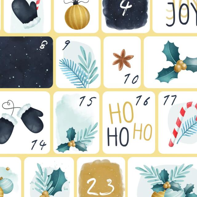 Weihnachts-Adventskalender mit nummerierten Feldern 1-25 mit festlicher Weihnachtsdekoration und Christbaumschmuck